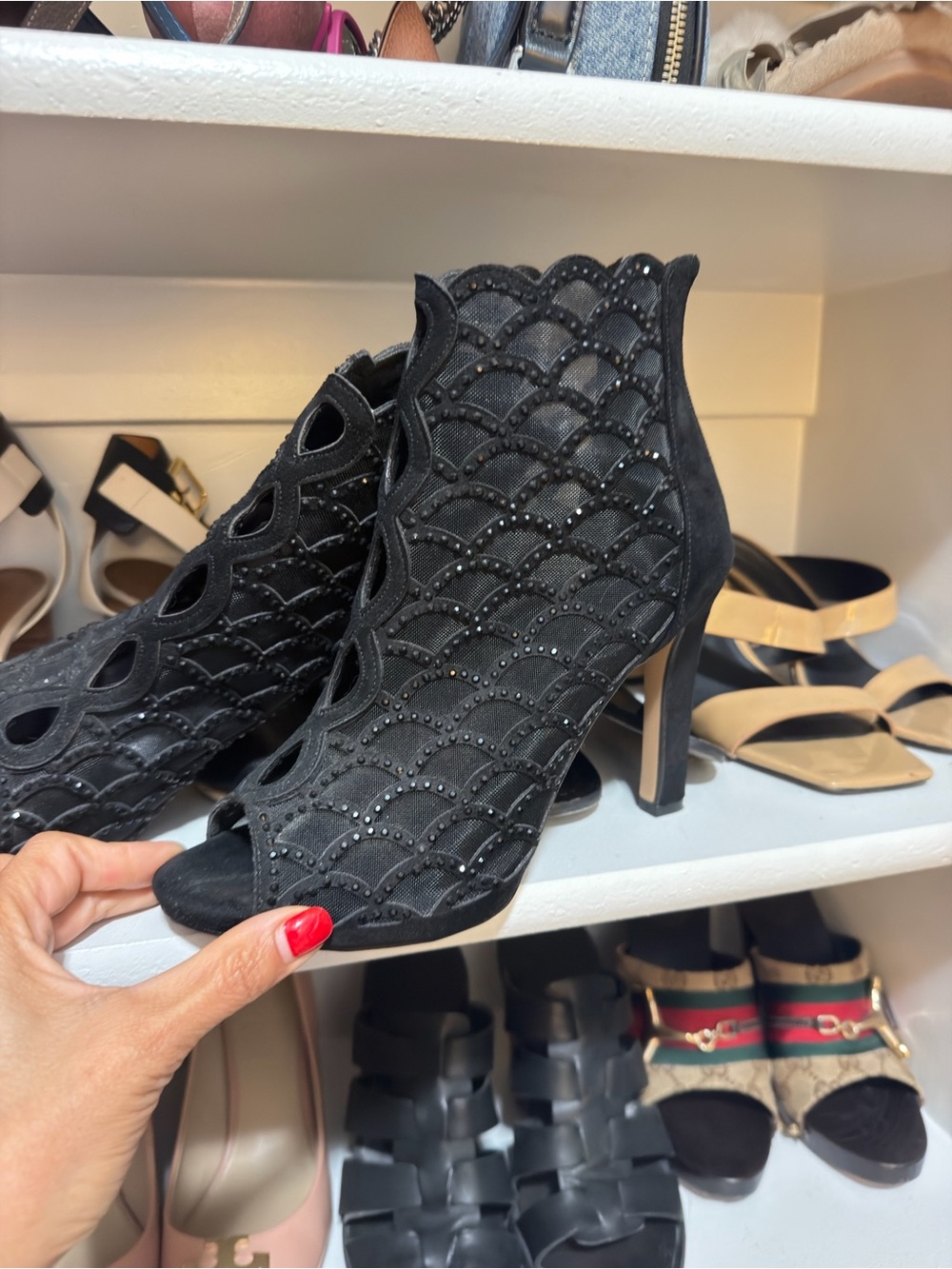 Black Embellished Peep-Toe Booties - Women
